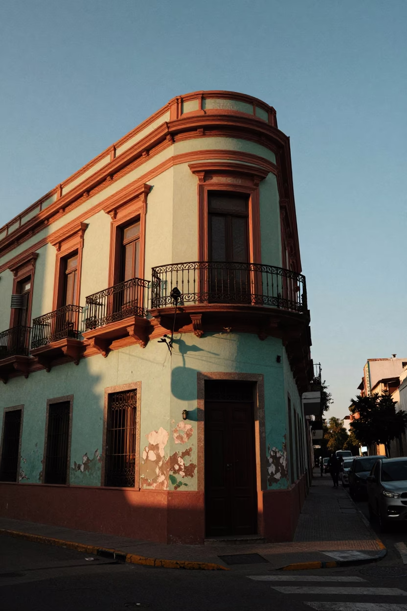 Buenos Aires Street Corner at Sunset with Colorful Facades and Urban Details in in Buenos Aires, Argentina