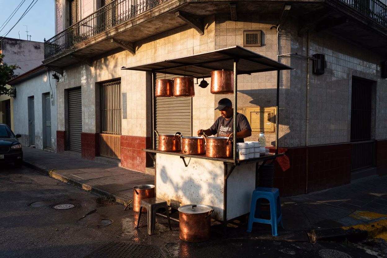 Buenos Aires street corner breakfast with copper pots and wet pavement after sunrise in in Buenos Aires, Argentina