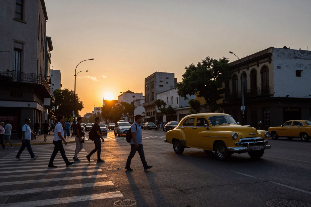 Buenos Aires street corner sunset with vintage taxi and bustling crowd in in Buenos Aires, Argentina