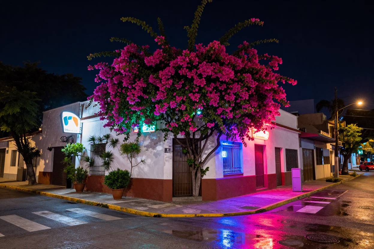 Buenos Aires Street Night with Bougainvillea and Neon Sign Reflections in in Buenos Aires, Argentina
