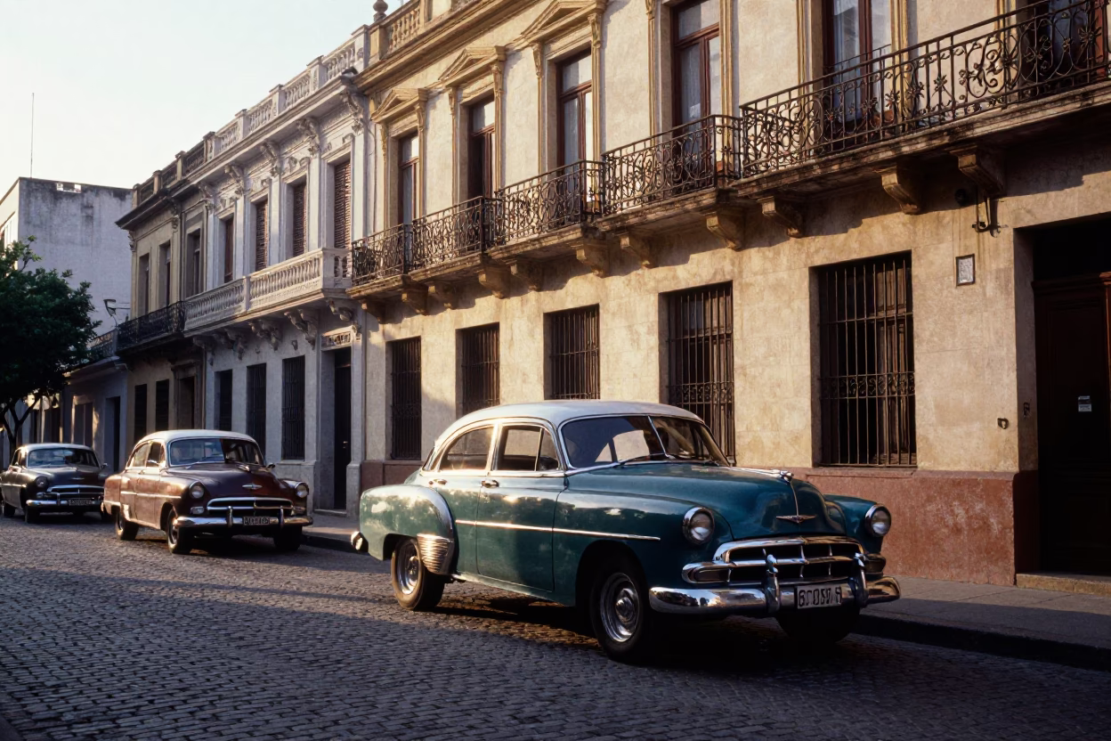 Buenos Aires Street Scene After Sunrise With Vintage Cars And Local Pedestrians in in Buenos Aires, Argentina