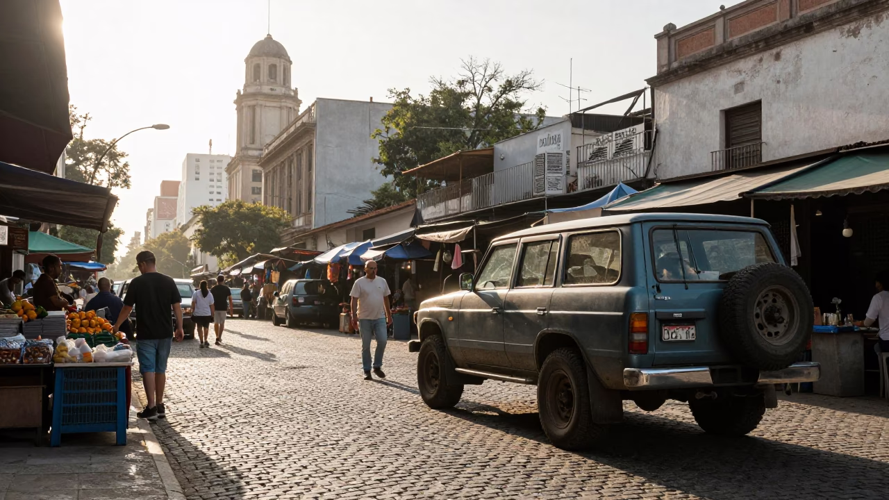 Buenos Aires Street Scene After Sunrise with Vintage SUV and Local Market in in Buenos Aires, Argentina