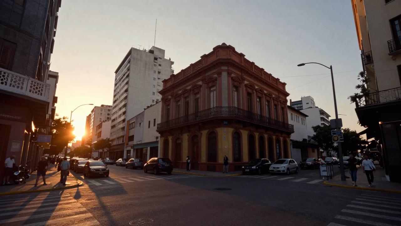 Buenos Aires Street Scene at As The Sun Drops Toward The Horizon in in Buenos Aires, Argentina