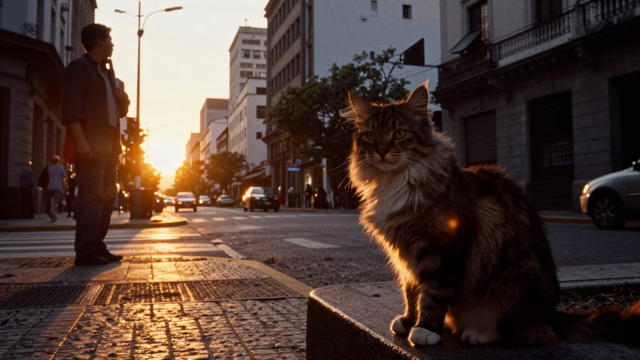 Buenos Aires Street Scene at As The Sun Drops Toward The Horizon in in Buenos Aires, Argentina