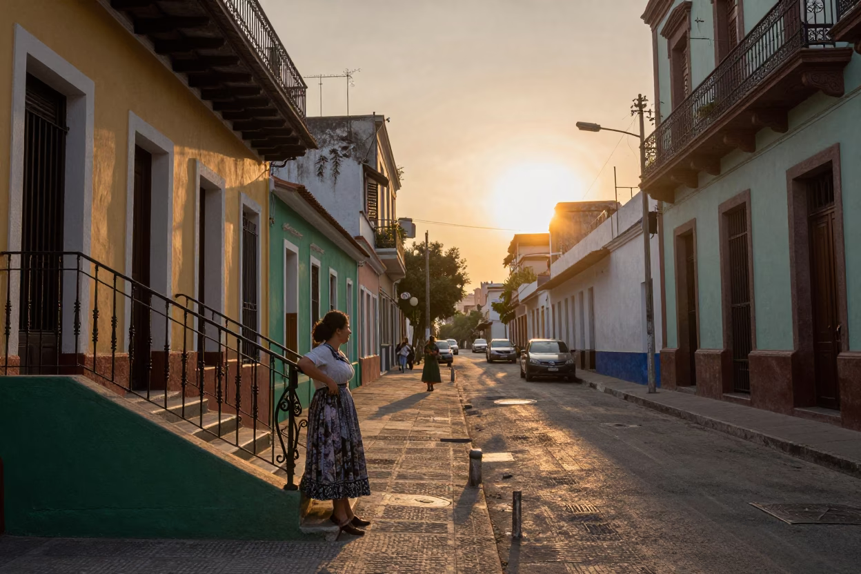 Buenos Aires Street Scene at As The Sun Drops Toward The Horizon in in Buenos Aires, Argentina