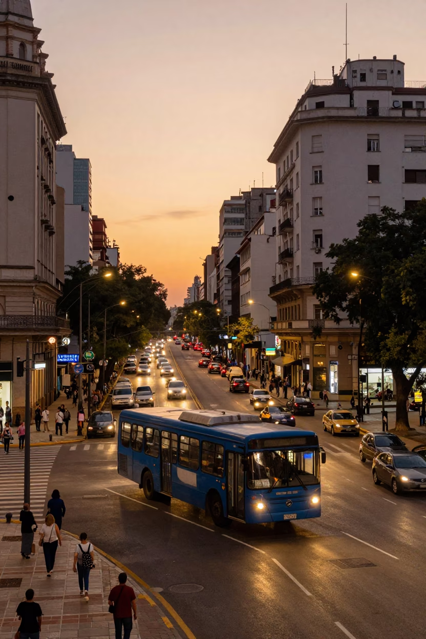 Buenos Aires Street Scene at Dusk with Classic Bus and Chestnut Tree in in Buenos Aires, Argentina