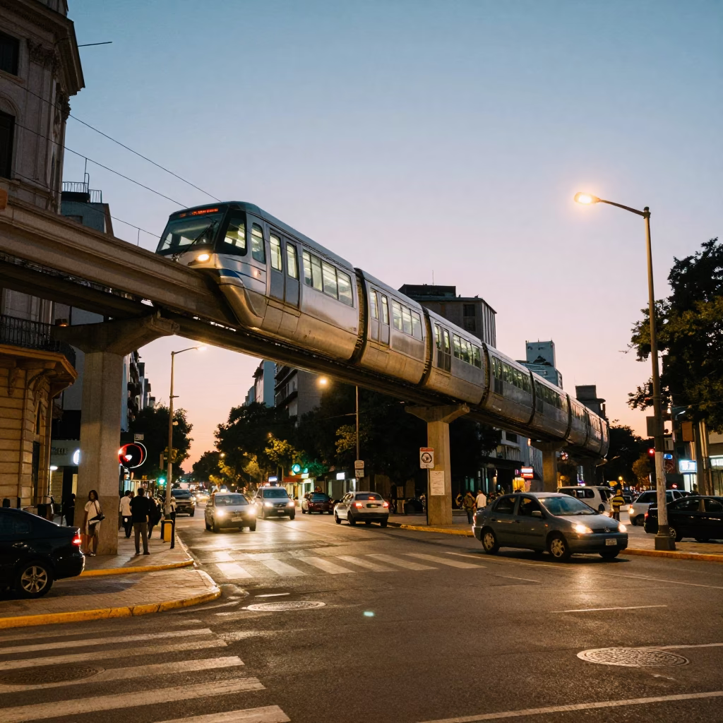 Buenos Aires street scene at dusk with monorail overhead and colorful zinnias in in Buenos Aires, Argentina