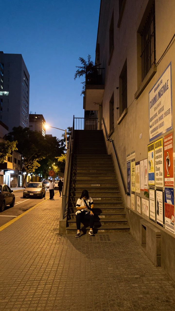 Buenos Aires Street Scene at Dusk with School Staircase and Local Interaction in in Buenos Aires, Argentina