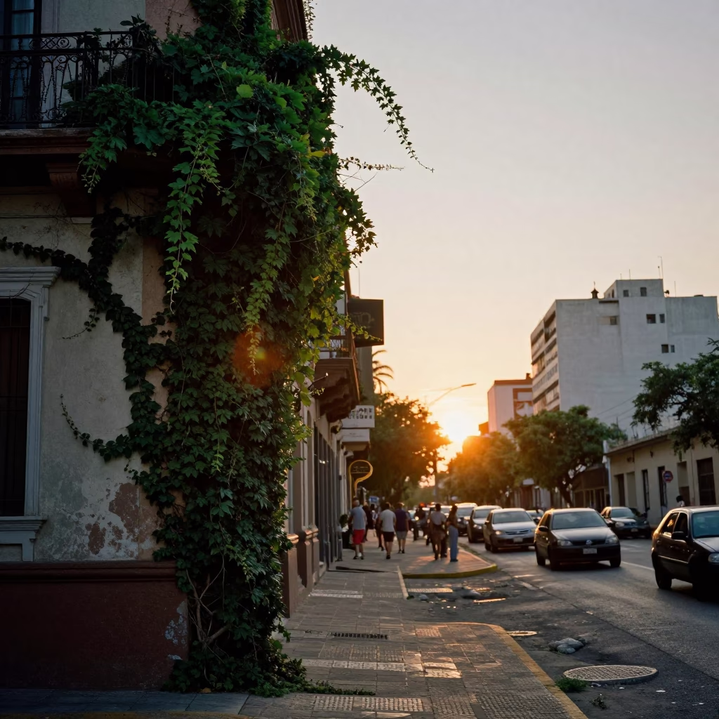 Buenos Aires Street Scene at Sunset with Ivy Vines and Urban Architecture in in Buenos Aires, Argentina
