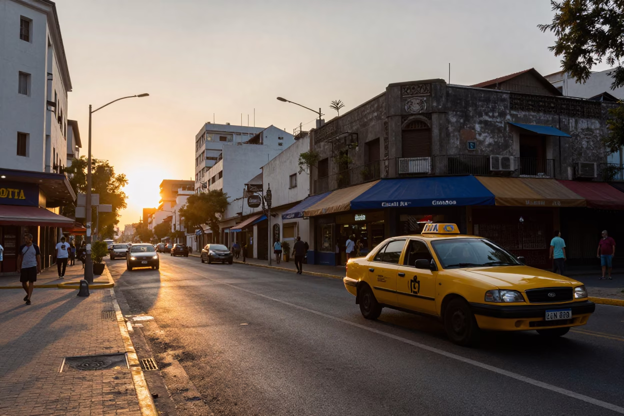 Buenos Aires Street Scene at Sunset with Yellow Taxi and Balconies in in Buenos Aires, Argentina