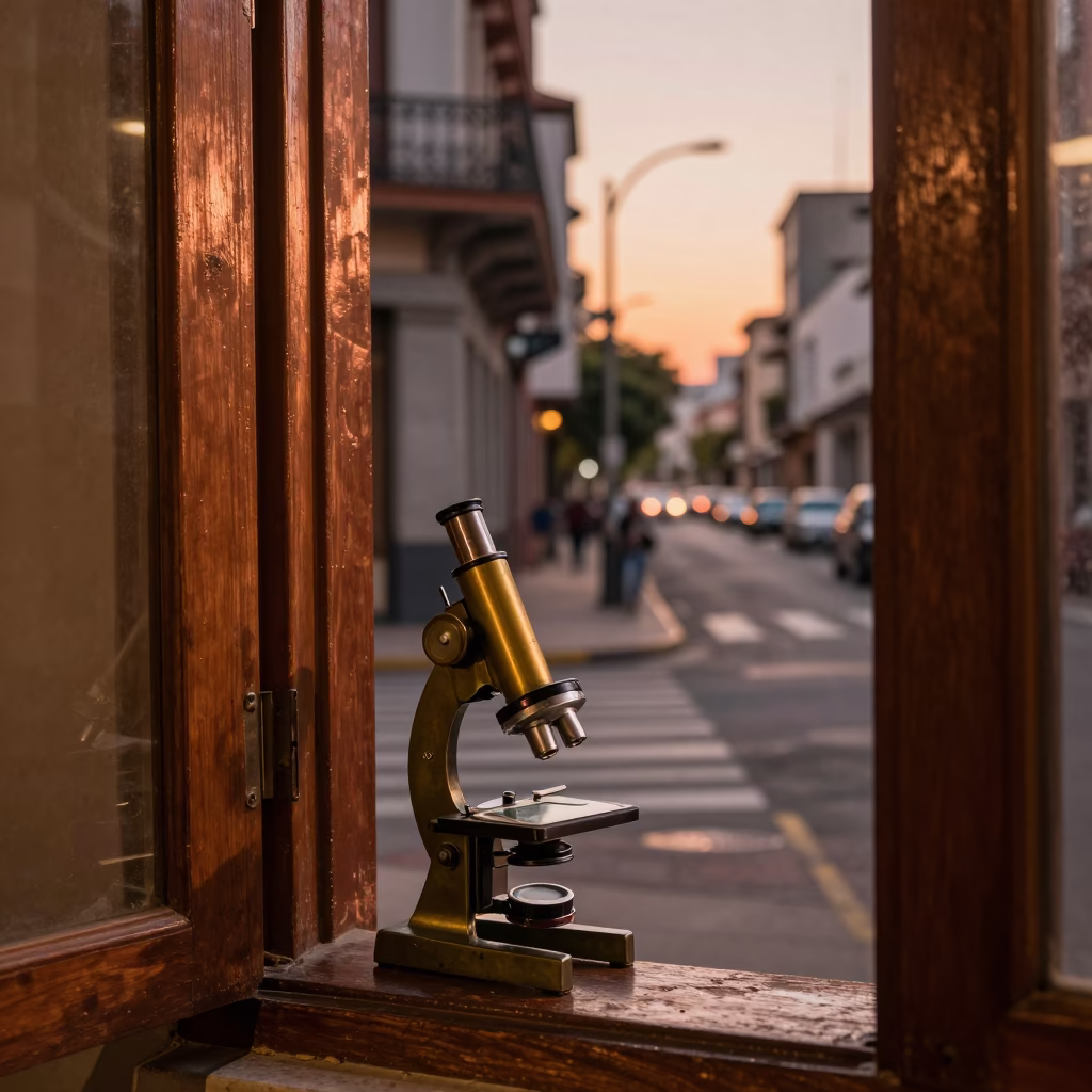 Buenos Aires Street Scene Before Dusk Copper Light with Vintage Brass Microscope in in Buenos Aires, Argentina