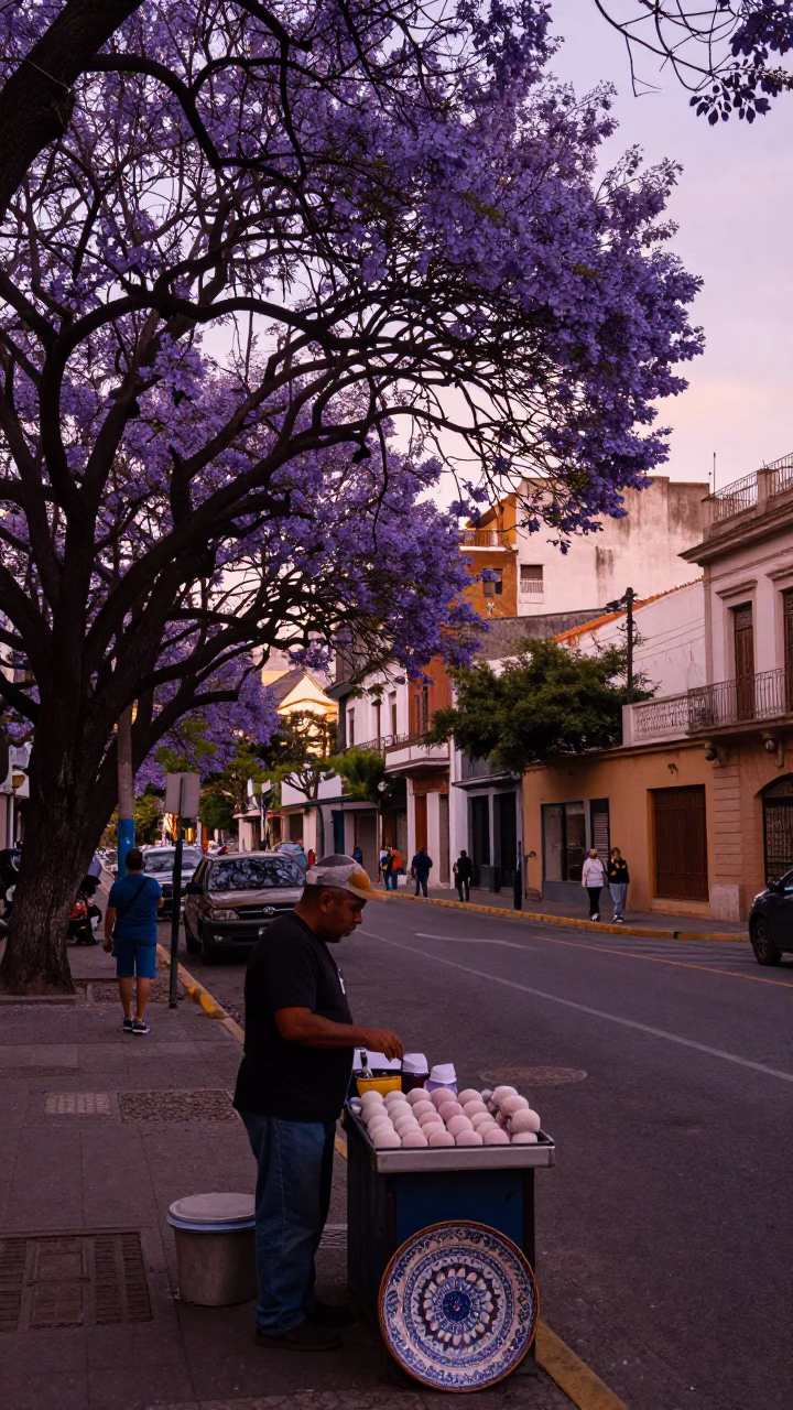 Buenos Aires Street Scene in Copper Dusk Light with Jacaranda Bloom and Vintage Details in in Buenos Aires, Argentina