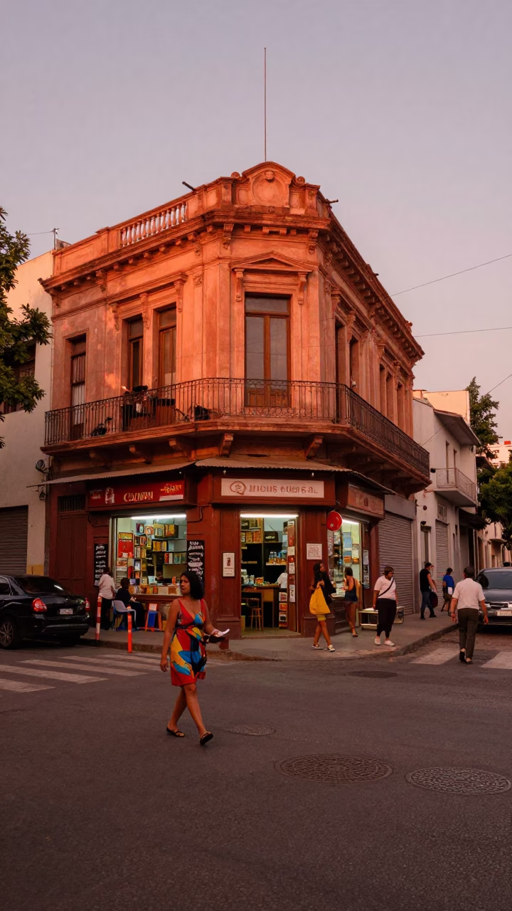 Buenos Aires Street Scene in Copper-Toned Light Before Dusk with Urban Details in in Buenos Aires, Argentina