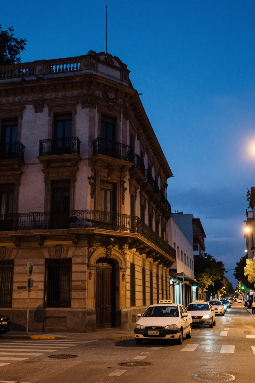 Buenos Aires Street Scene in Indigo Twilight with Classic Architecture and Urban Life in in Buenos Aires, Argentina