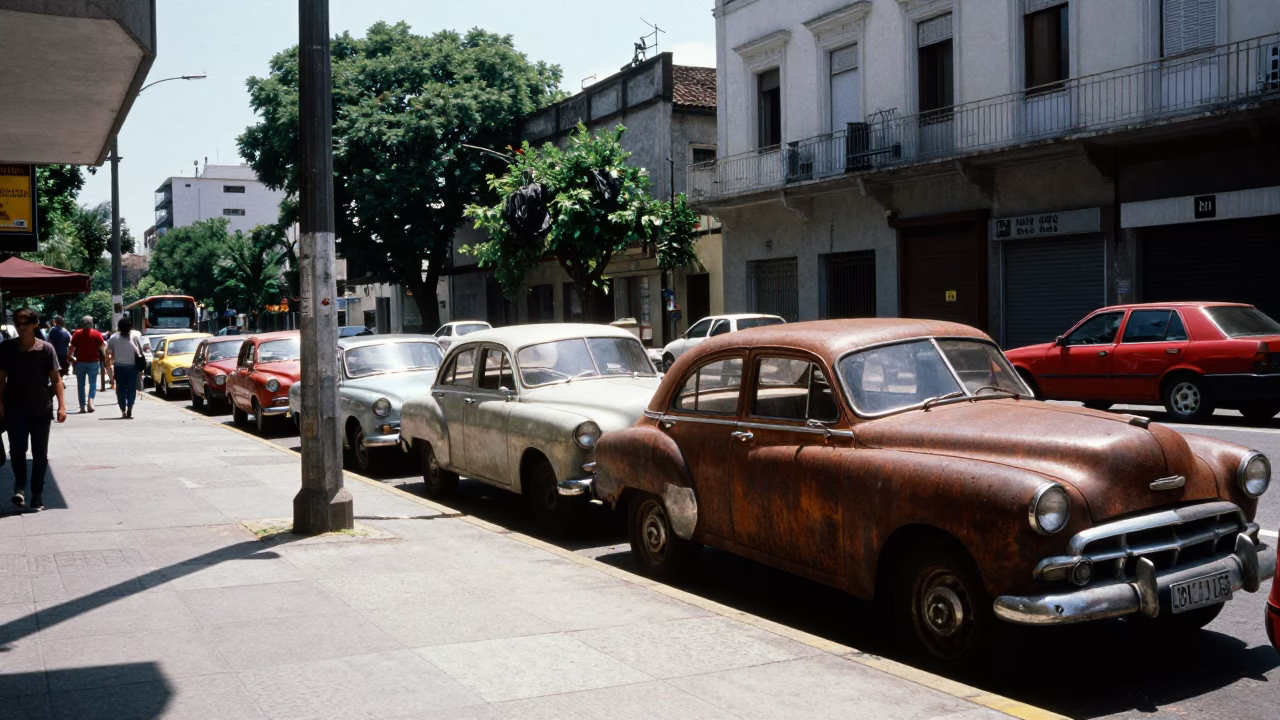 Buenos Aires Street Scene Under Flat Noon Glare with Rust Details in in Buenos Aires, Argentina