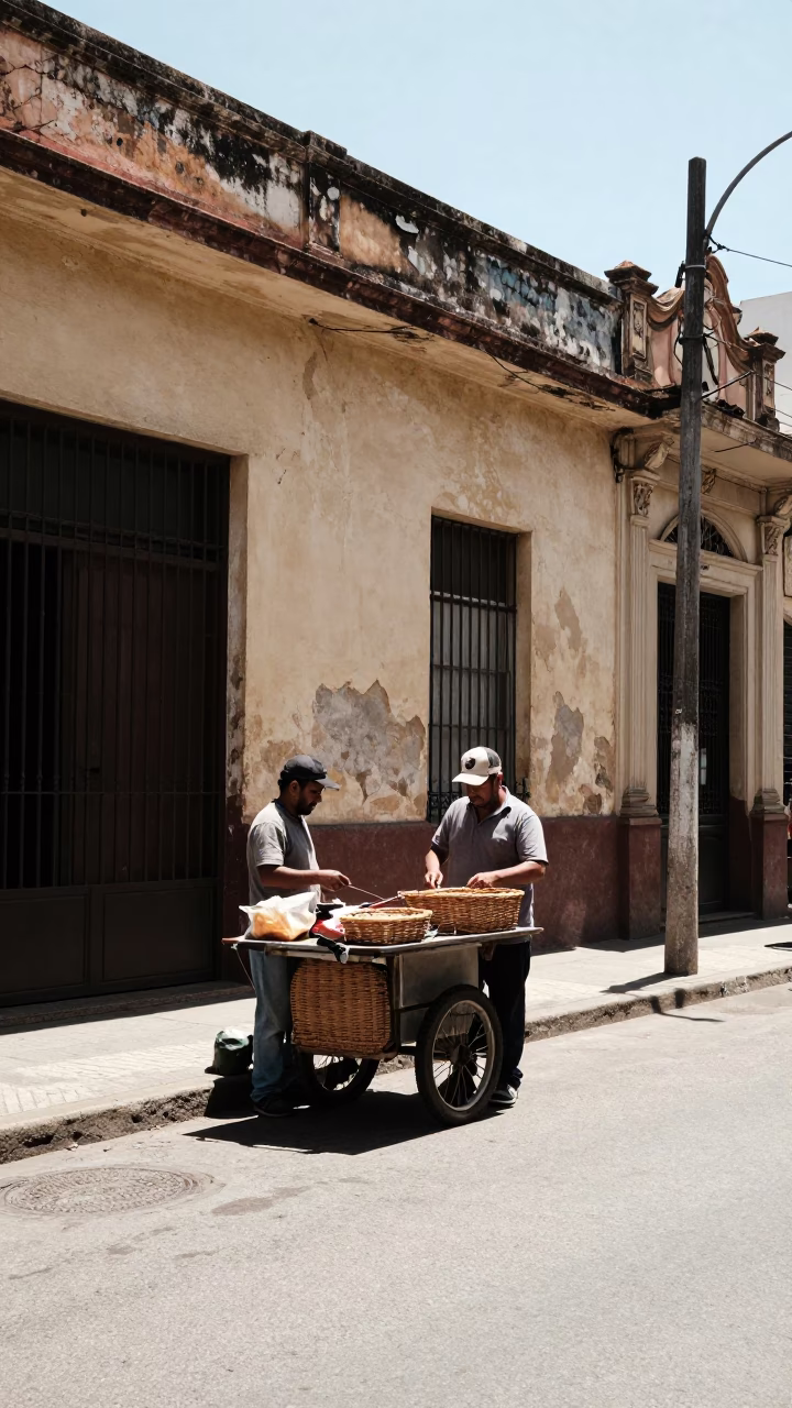 Buenos Aires Street Scene Under Flat Noon Light with Wicker Basket and Latch Details in in Buenos Aires, Argentina