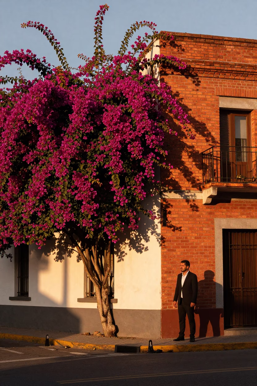 Buenos Aires Street Scene with Bougainvillea and Red Brick Architecture in Evening Light in in Buenos Aires, Argentina