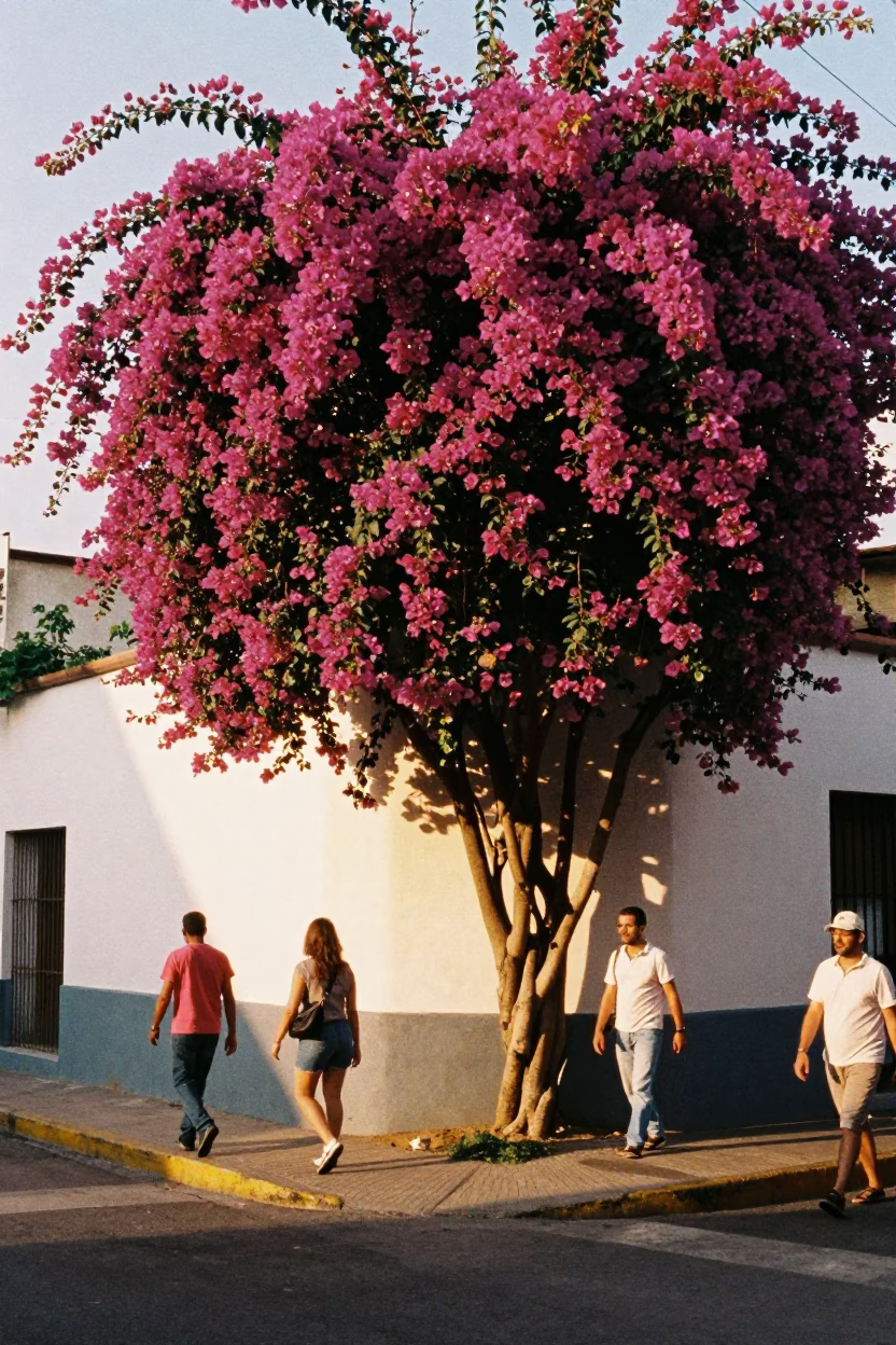 Buenos Aires Street Scene with Bougainvillea Cascade Over White Wall in Honeyed Evening Light in in Buenos Aires, Argentina