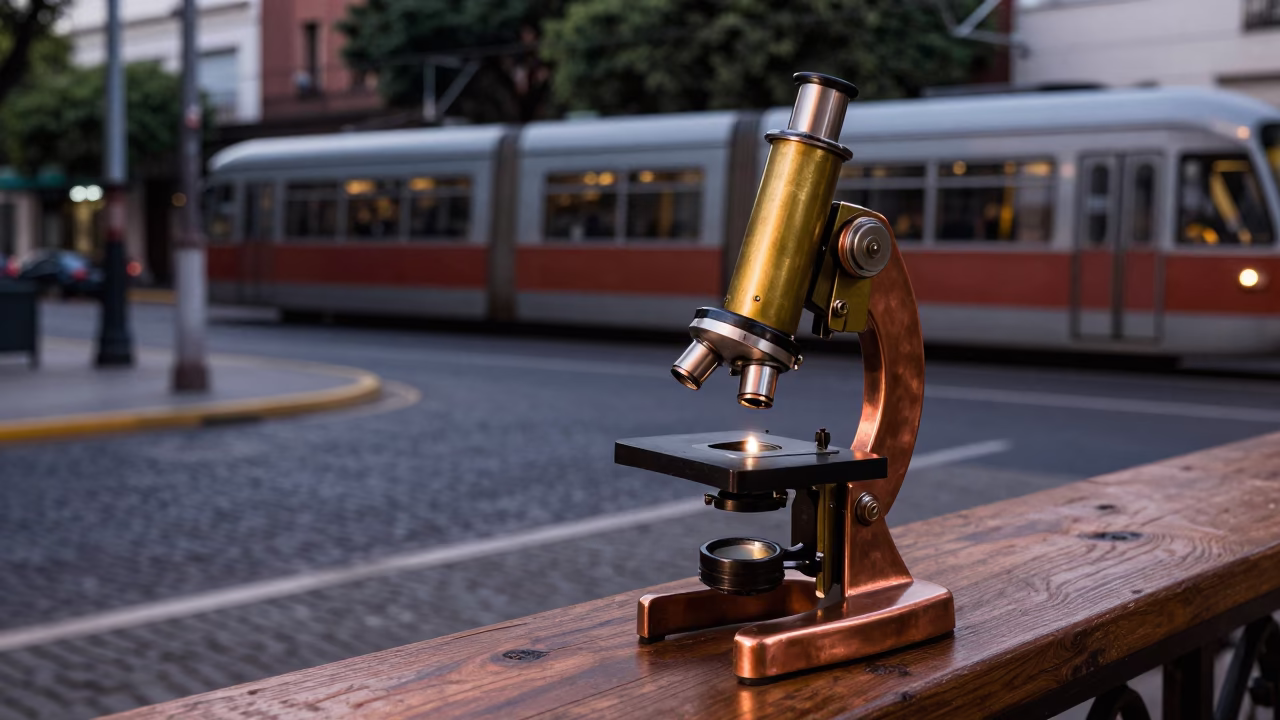 Buenos Aires Street Scene with Monorail and Antique Microscope in Copper Dusk Light in in Buenos Aires, Argentina