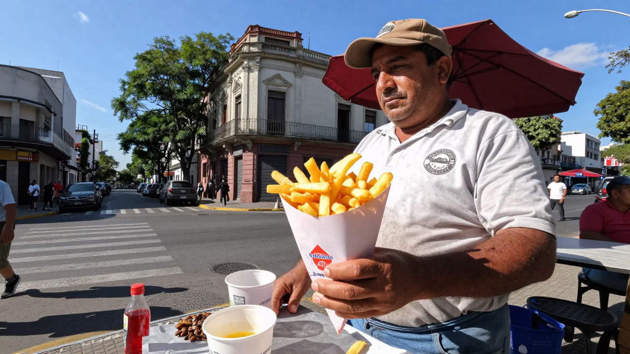 Buenos Aires Street Scene with Paper Cone of Belgian Frites and Mayonnaise in in Buenos Aires, Argentina
