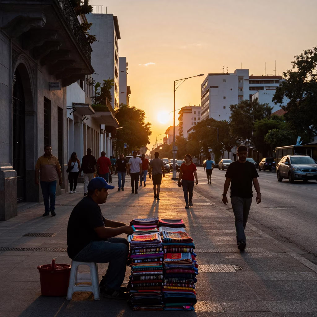 Buenos Aires Street Vendor at As The Sun Drops Toward The Horizon in in Buenos Aires, Argentina