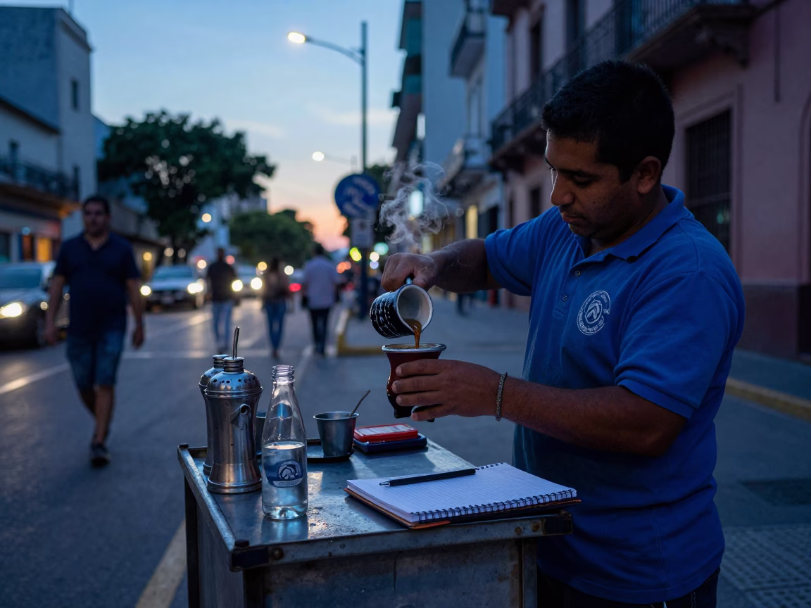 Buenos Aires Street Vendor at Nautical Dawn with Notebook and Ceramic Mugs in in Buenos Aires, Argentina