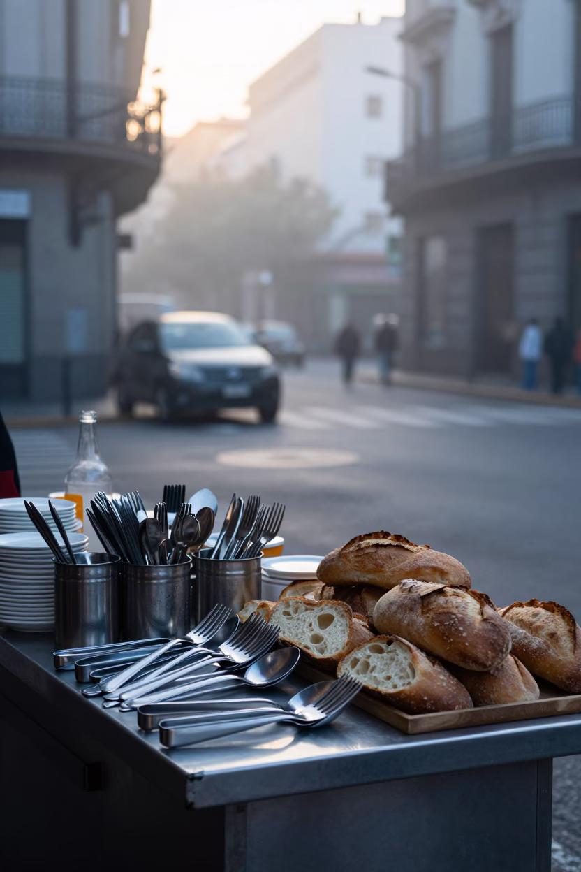 Buenos Aires street vendor breakfast stall with cutlery and bread before sunrise in in Buenos Aires, Argentina