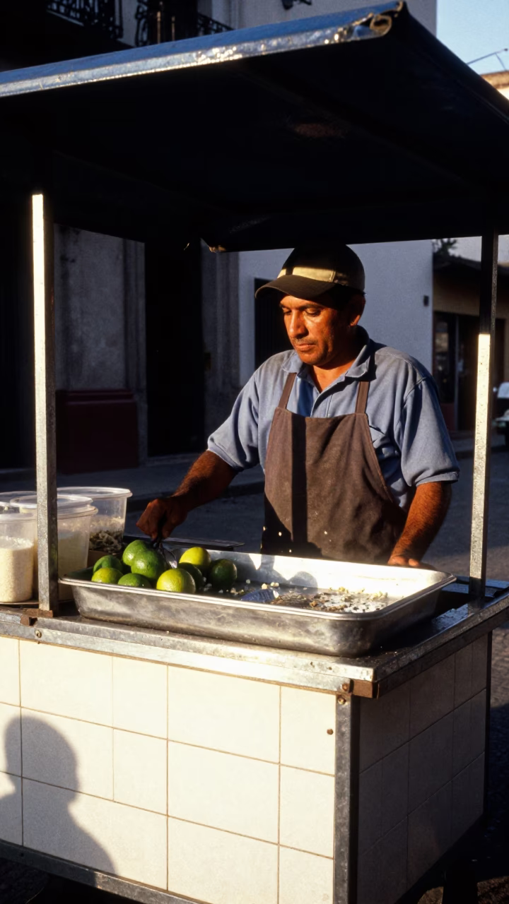 Buenos Aires Street Vendor Late Afternoon Sunlight Elote Cheese Lime Grease Tile in in Buenos Aires, Argentina