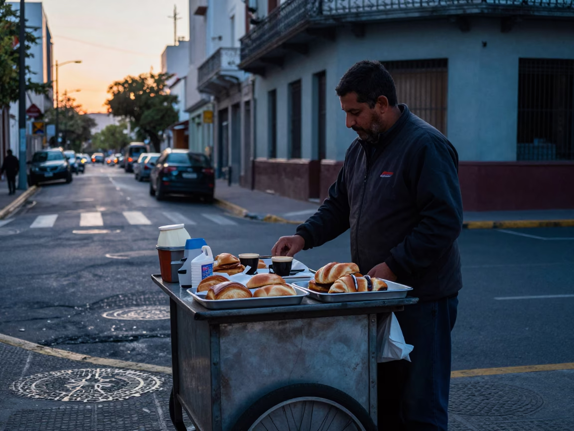 Buenos Aires street vendor pre-dawn breakfast with coffee and pastries in in Buenos Aires, Argentina
