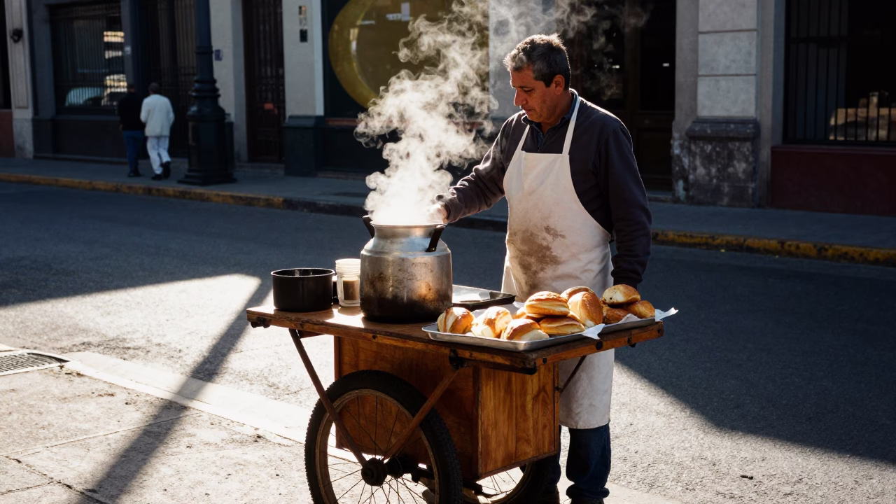 Buenos Aires Street Vendor Selling Fresh Coffee and Pastries at Sunrise in in Buenos Aires, Argentina