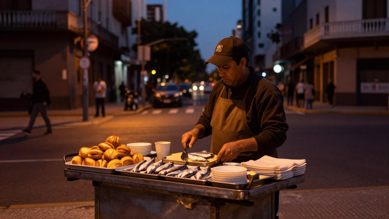 Buenos Aires street vendor serving sardines and kanelbullar in predawn darkness in in Buenos Aires, Argentina