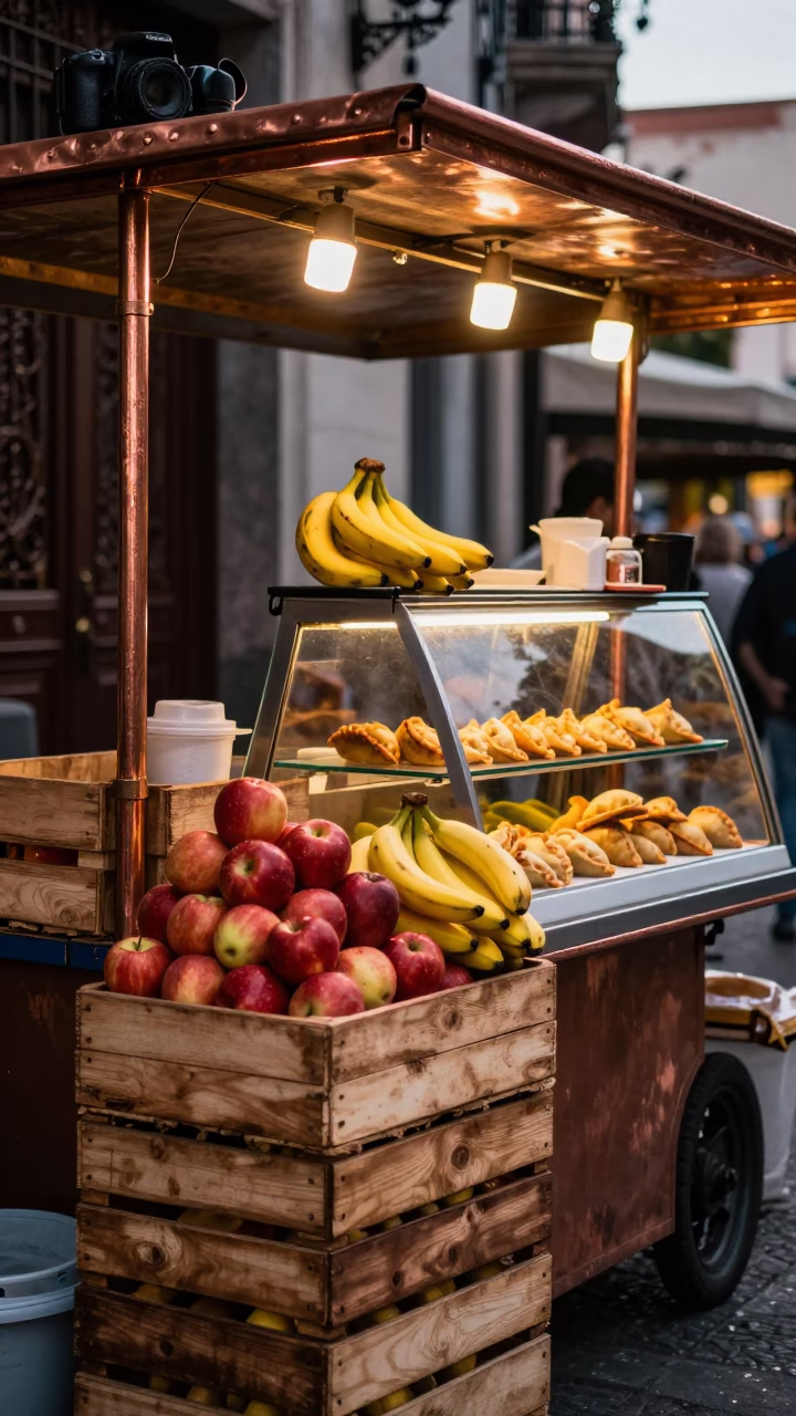 Buenos Aires street vendor stall with fresh fruit and pastries in copper dusk light in in Buenos Aires, Argentina