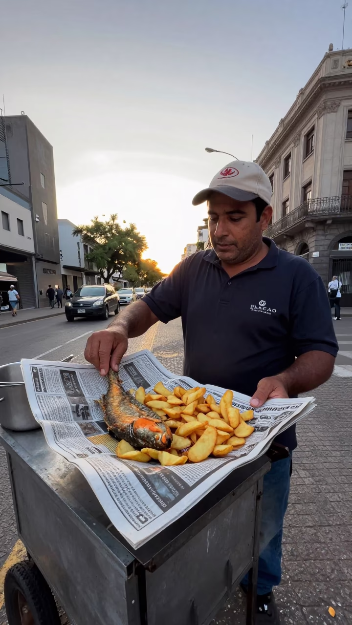 Buenos Aires Street Vendor Sunrise Fish and Chips in Newspaper in in Buenos Aires, Argentina