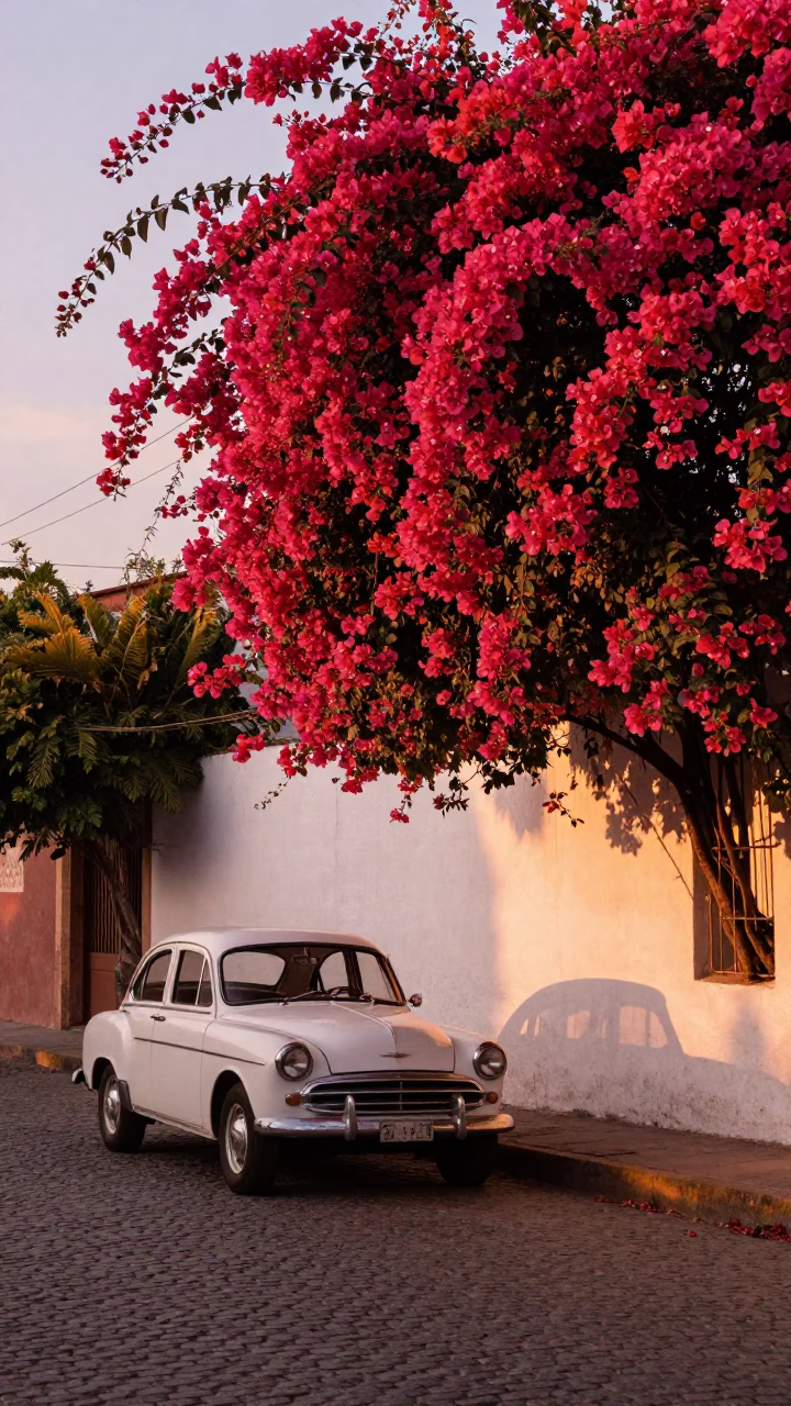 Buenos Aires Sunset Bougainvillea Over White Wall With Vintage Car And Copper Light in in Buenos Aires, Argentina