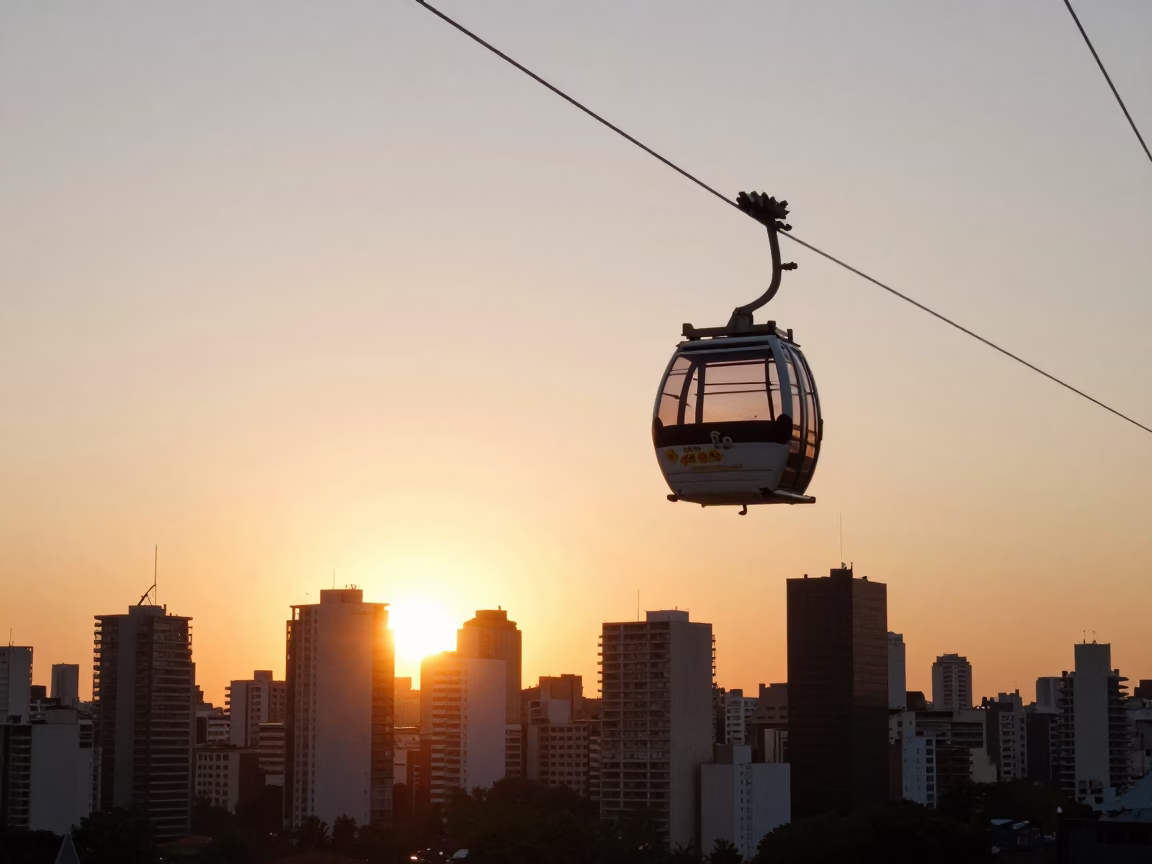 Buenos Aires Sunset Horizon Shot with Cable Car and Urban Street Life in in Buenos Aires, Argentina