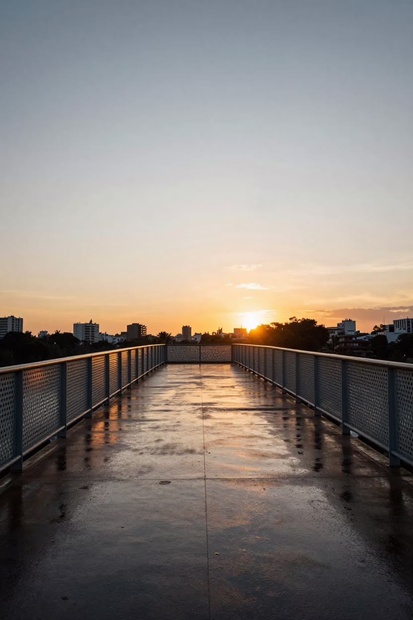 Buenos Aires Sunset Pedestrian Overpass with Perforated Metal and Wet Footsteps in in Buenos Aires, Argentina