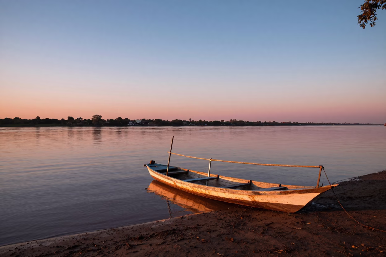 Buenos Aires Sunset River Scene with Traditional Punt Boat on Calm Water in in Buenos Aires, Argentina