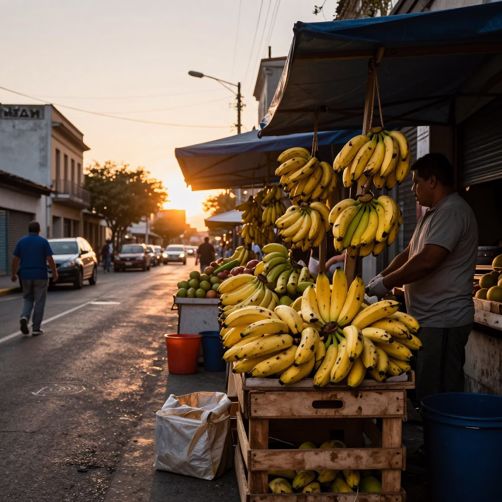Buenos Aires Sunset Street Scene with Bananas and Local Market Life in in Buenos Aires, Argentina