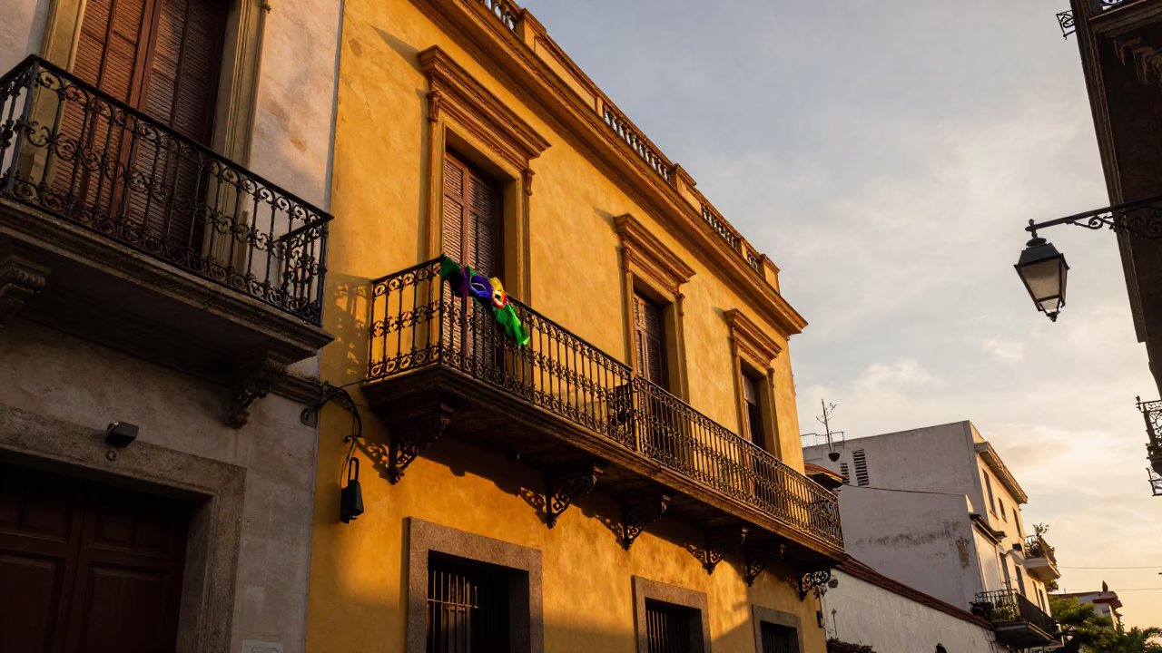 Buenos Aires Sunset Street Scene with Colorful Balcony and Lantern in in Buenos Aires, Argentina