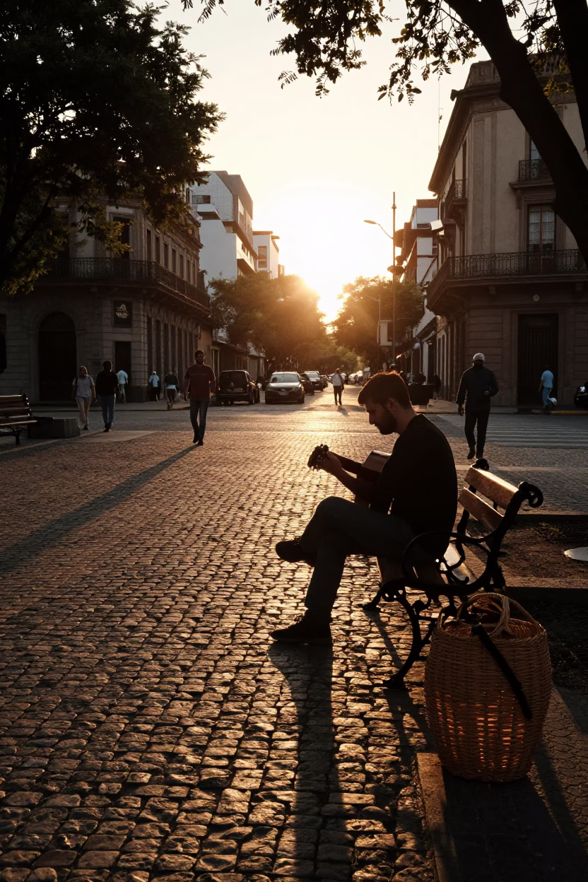 Buenos Aires Sunset Street Scene with Guitar Player and Wicker Shadow in in Buenos Aires, Argentina
