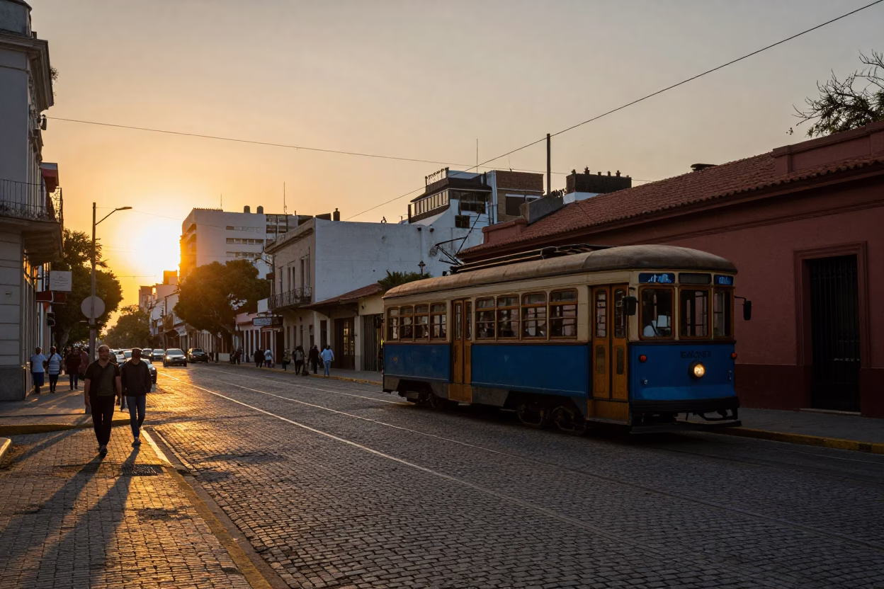 Buenos Aires Sunset Street Scene with Heritage Tram and Rooftop Water Tower in in Buenos Aires, Argentina