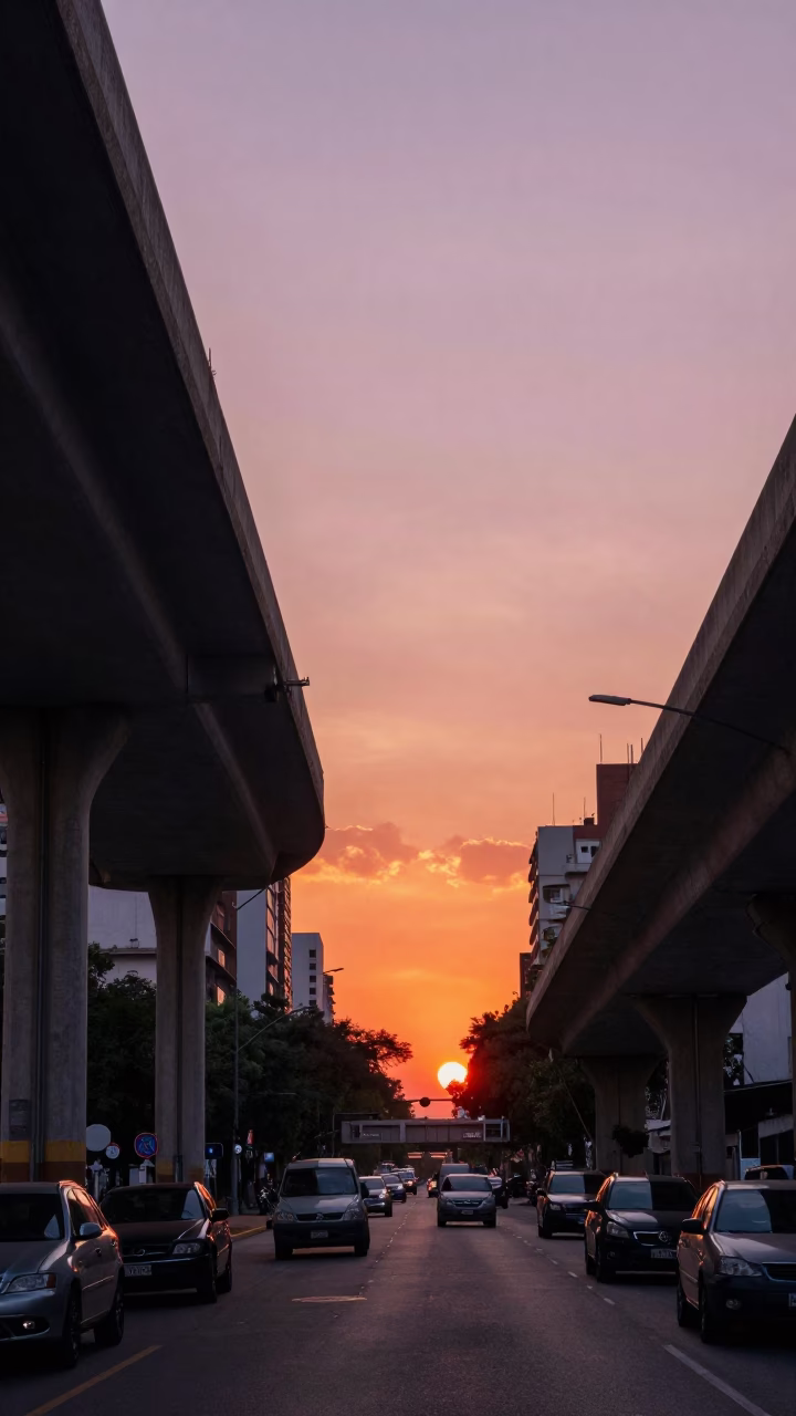Buenos Aires Sunset Street Scene with Highway Flyover and Urban Life in in Buenos Aires, Argentina