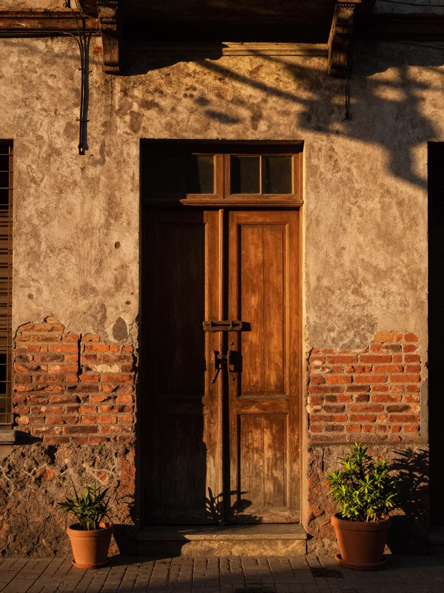 Buenos Aires Sunset Street Scene with Latch and Potted Herbs in in Buenos Aires, Argentina