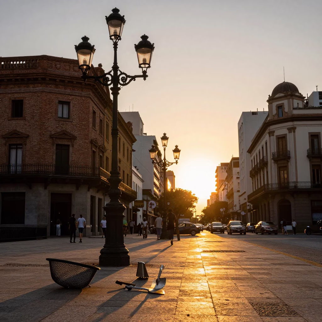 Buenos Aires Sunset Street Scene with Mesh Colander and Trowel in Urban Plaza in in Buenos Aires, Argentina