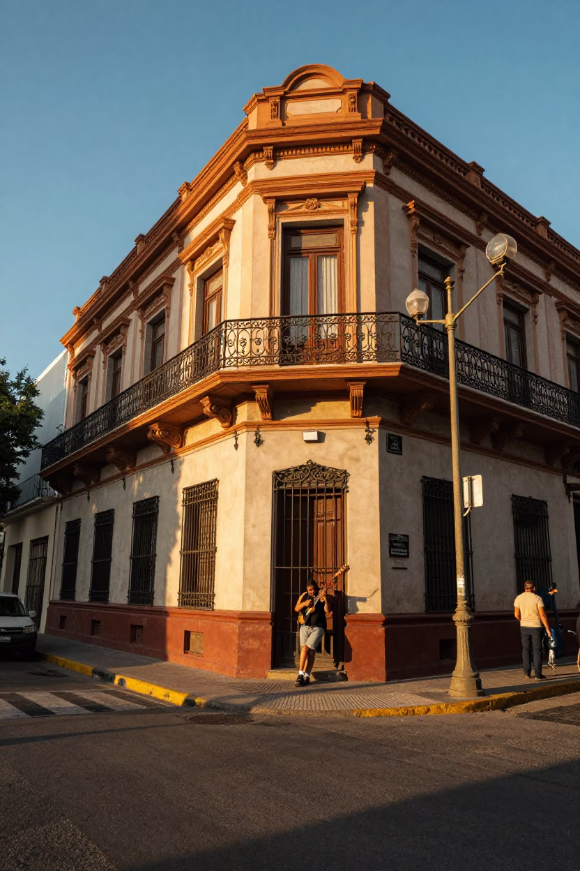 Buenos Aires Sunset Street Scene with Vintage Brass Accents and Urban Life in in Buenos Aires, Argentina