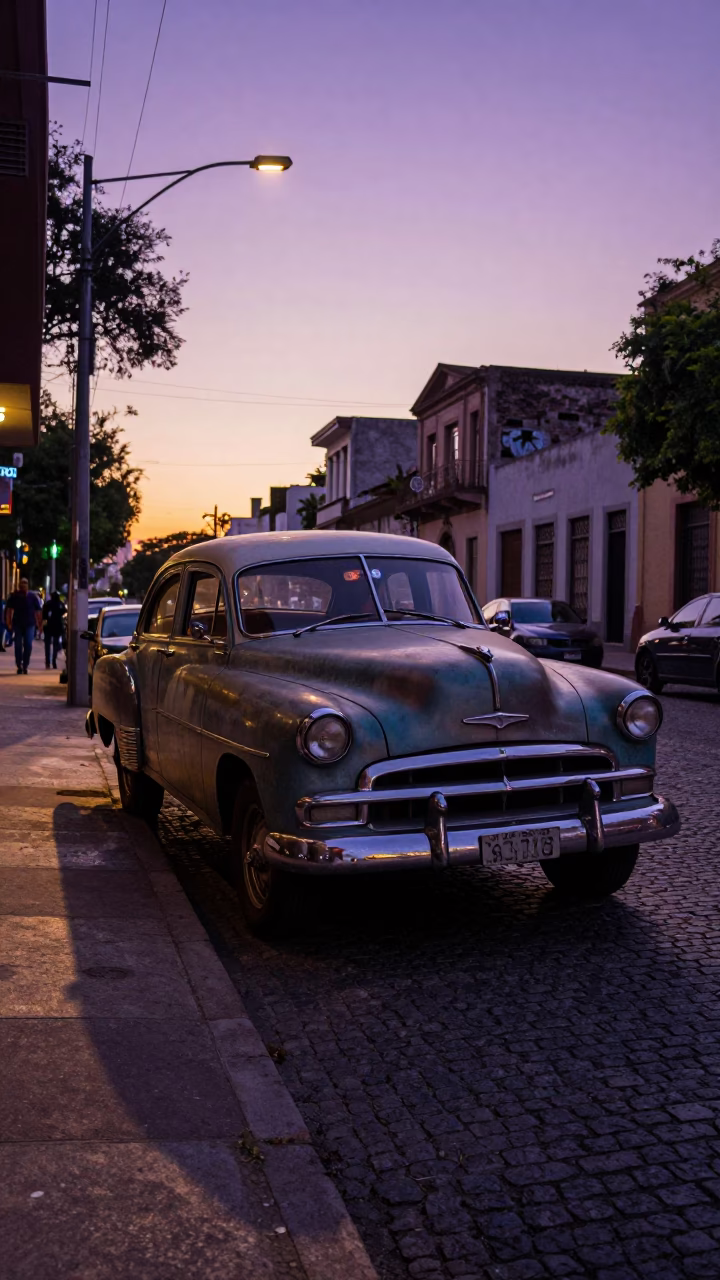 Buenos Aires Sunset Street Scene with Vintage Car and Local Diner Interaction in in Buenos Aires, Argentina