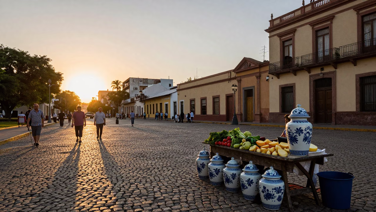 Buenos Aires Sunset Street Scene with Vintage Porcelain and Local Market Life in in Buenos Aires, Argentina