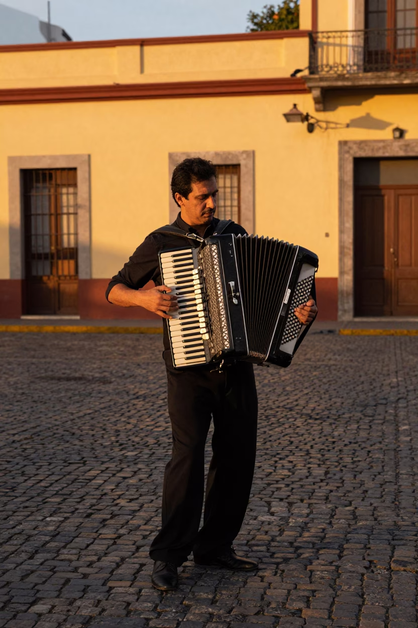 Buenos Aires Tango Accordion Player on Cobblestone Street in Golden Hour Light in in Buenos Aires, Argentina