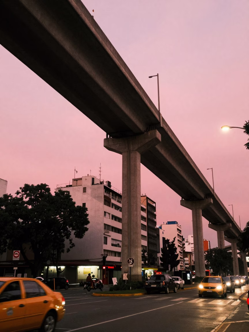 Buenos Aires Twilight Highway Flyover Stack Against Pink Evening Sky Realistic Photograph in in Buenos Aires, Argentina
