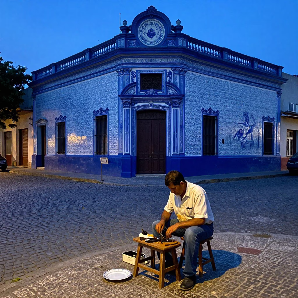 Buenos Aires Twilight Street Scene with Blue and White Porcelain Plate and Shoe Brush in in Buenos Aires, Argentina